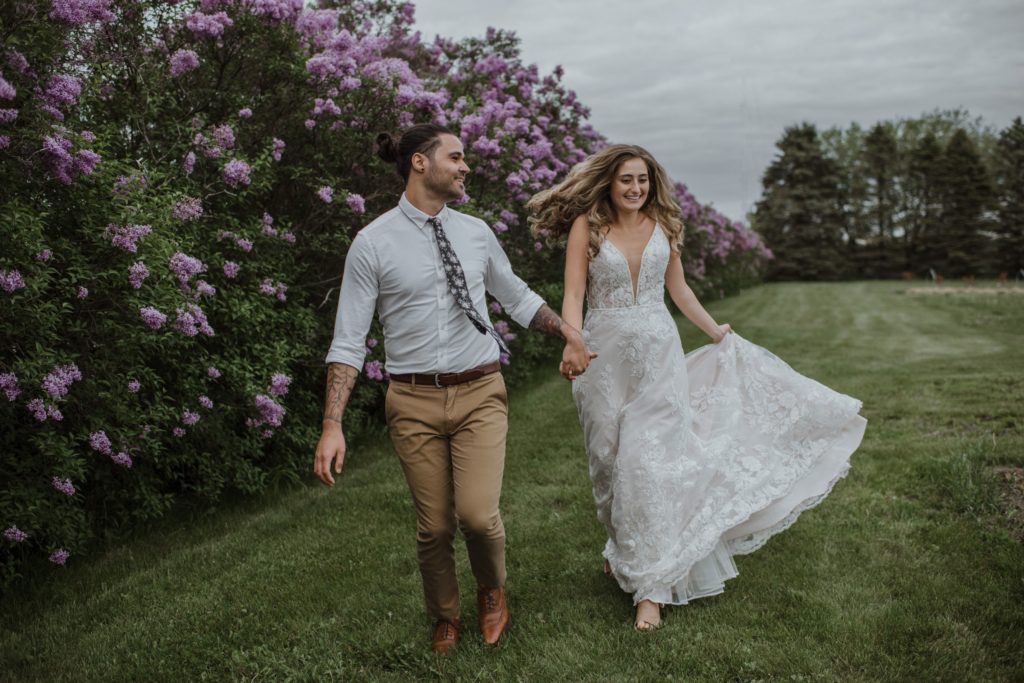 bride and groom lilac farm elopement