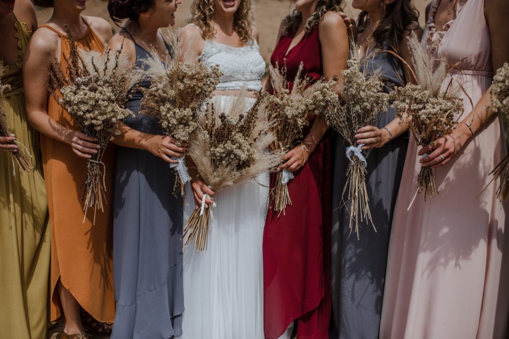 boho bridesmaids dresses and flowers